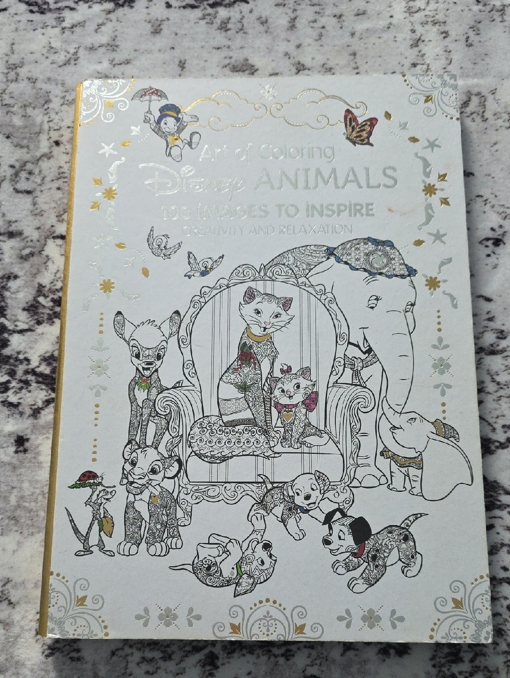 Disney Coloring Book Cover with Gold, White, Black, Green, Blue, Pink